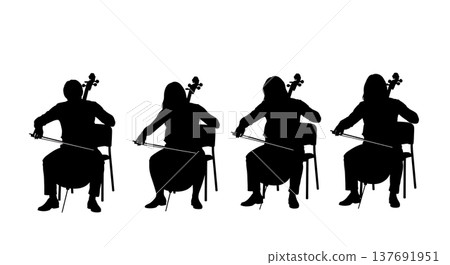Black Solid Cellist Silhouettes Set of Six on White Background Black Solid Cellist Silhouettes Set of Six on White Background 137691951