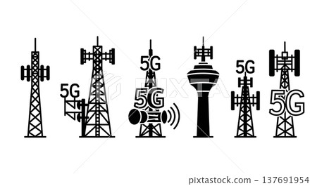 Black Solid 5G Tower Silhouettes Set of Six on White Background Black Solid 5G Tower Silhouettes Set of Six on White Background 137691954