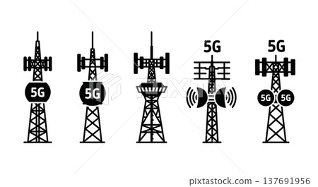 Black Solid 5G Tower Silhouettes Set of Six on White Background 137691956