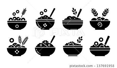 Black Solid Cereal Bowls Silhouettes Set of Six on White Background Black Solid Cereal Bowls Silhouettes Set of Six on White Background 137691958