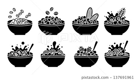 Black Solid Cereal Bowls Silhouettes Set of Six on White Background Black Solid Cereal Bowls Silhouettes Set of Six on White Background 137691961