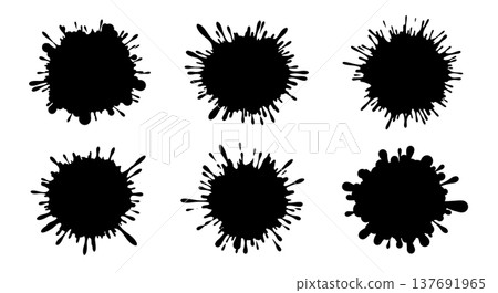 Black Solid Chaotic Ink Splatter Silhouettes Set of Six on White Background Black Solid Chaotic Ink Splatter Silhouettes Set of Six on White Background 137691965