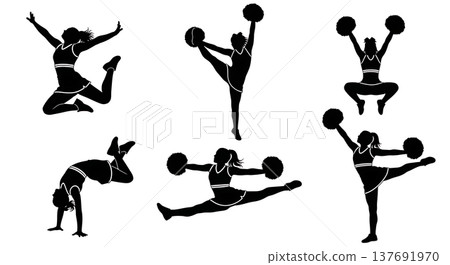 Black Solid Cheerleader Silhouettes Set of Six on White Background Black Solid Cheerleader Silhouettes Set of Six on White Background 137691970