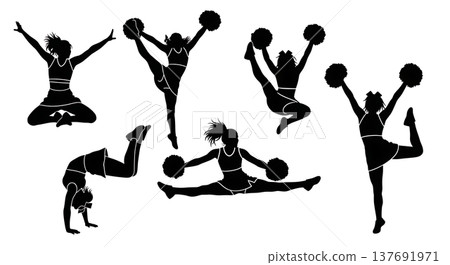 Black Solid Cheerleader Silhouettes Set of Six on White Background Black Solid Cheerleader Silhouettes Set of Six on White Background 137691971