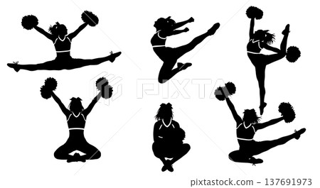 Black Solid Cheerleader Silhouettes Set of Six on White Background Black Solid Cheerleader Silhouettes Set of Six on White Background 137691973
