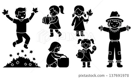 Black Solid Children in Autumn Activities Silhouette Collection 137691978