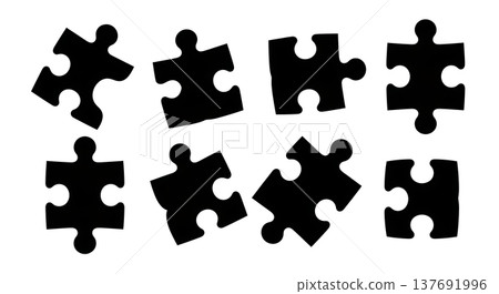 Black Solid Abstract Puzzle Silhouettes Set of Six on White Background Black Solid Abstract Puzzle Silhouettes Set of Six on White Background 137691996