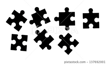 Black Solid Abstract Puzzle Silhouettes Set of Six on White Background Black Solid Abstract Puzzle Silhouettes Set of Six on White Background 137692001