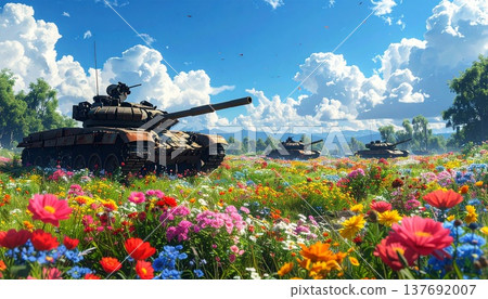 A destroyed tank and a field of flowers 137692007
