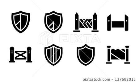 Black Solid Abstract Shield Silhouettes Set of Six on White Background 137692015