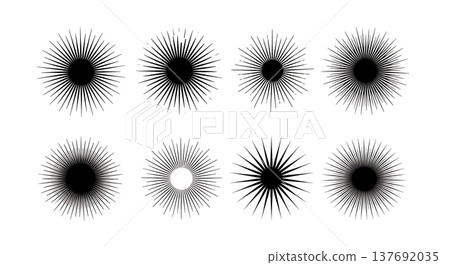 Black Solid Abstract Sunburst Silhouettes Set of Six on White Background Black Solid Abstract Sunburst Silhouettes Set of Six on White Background 137692035