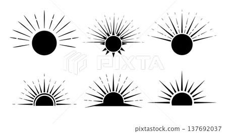 Black Solid Abstract Sun Silhouettes Set of Six on White Background Black Solid Abstract Sun Silhouettes Set of Six on White Background 137692037
