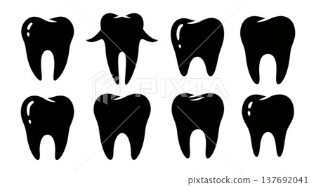 Black Solid Abstract Tooth Silhouettes Set of Six on White Background Black Solid Abstract Tooth Silhouettes Set of Six on White Background 137692041