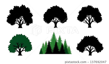 Black Solid Abstract Tree Silhouettes Set of Six on White Background Black Solid Abstract Tree Silhouettes Set of Six on White Background 137692047