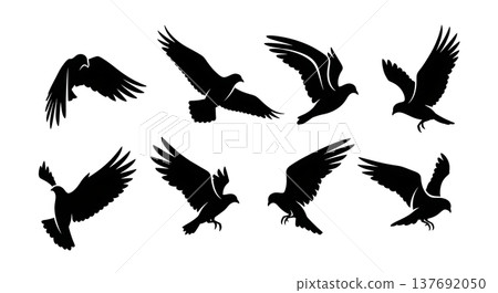 Black Solid Abstract Wing Silhouettes Set of Six on White Background 137692050