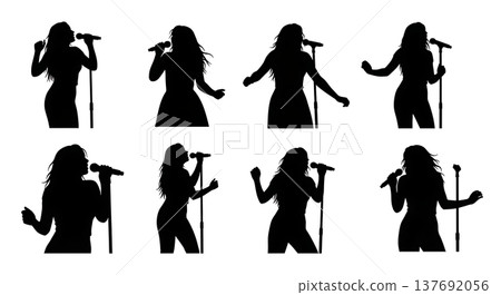 Black Solid Acoustic Guitarist Silhouettes Set of Six on White Background Black Solid Acoustic Guitarist Silhouettes Set of Six on White Background 137692056
