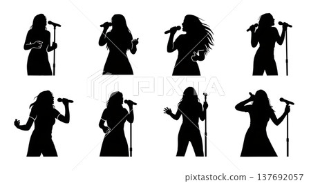 Black Solid Acoustic Guitarist Silhouettes Set of Six on White Background 137692057
