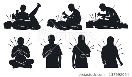 Black Solid Acupuncture Silhouettes Set of Six on White Background Black Solid Acupuncture Silhouettes Set of Six on White Background 137692064