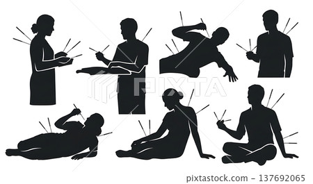 Black Solid Acupuncture Silhouettes Set of Six on White Background Black Solid Acupuncture Silhouettes Set of Six on White Background 137692065