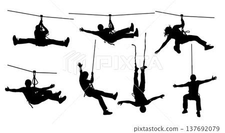 Black Solid Adventure Sport Silhouettes Set of Six on White Background 137692079