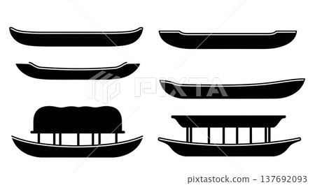 Black Solid Traditional African Dugout Canoes and Boats Silhouettes Set of Six on White Background Black Solid Traditional African Dugout Canoes and Boats Silhouettes Set of Six on White Background 137692093