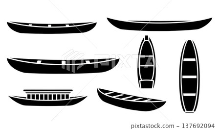 Black Solid Traditional African Dugout Canoes and Boats Silhouettes Set of Six on White Background Black Solid Traditional African Dugout Canoes and Boats Silhouettes Set of Six on White Background 137692094
