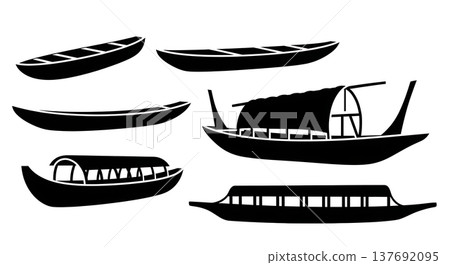 Black Solid Traditional African Dugout Canoes and Boats Silhouettes Set of Six on White Background 137692095