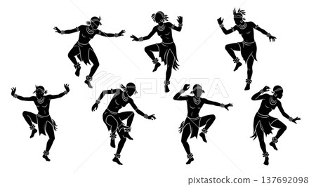 Black Solid African Dancer Silhouettes Set of Six on White Background 137692098