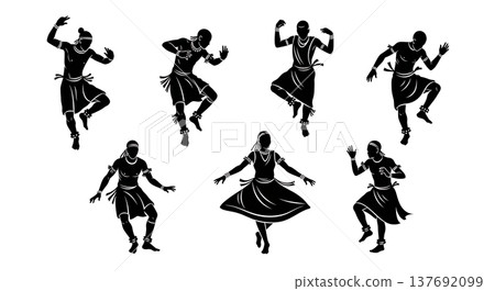 Black Solid African Dancer Silhouettes Set of Six on White Background Black Solid African Dancer Silhouettes Set of Six on White Background 137692099