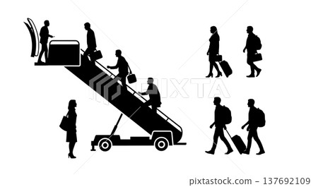 Black Solid Airplane Disembarking Silhouettes Set of Six on White Background 137692109
