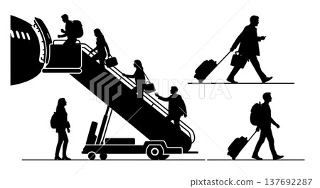 Black Solid Airplane Disembarking Silhouettes Set of Six on White Background 137692287