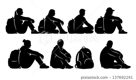 Black Solid Floor Waiting Silhouettes Set of Six on White Background 137692291