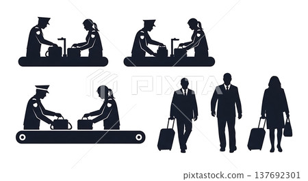 Black Solid Airport Security Silhouettes Set of Six on White Background Black Solid Airport Security Silhouettes Set of Six on White Background 137692301