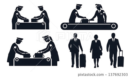 Black Solid Airport Security Silhouettes Set of Six on White Background 137692303