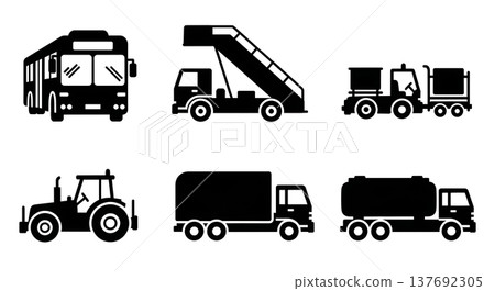 Black Solid Public Airport Shuttle Buses and Airside Vehicles Silhouettes Black Solid Public Airport Shuttle Buses and Airside Vehicles Silhouettes 137692305