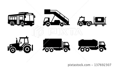 Black Solid Public Airport Shuttle Buses and Airside Vehicles Silhouettes Set Black Solid Public Airport Shuttle Buses and Airside Vehicles Silhouettes Set 137692307
