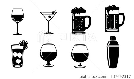 Black Solid Alcoholic Drinks Silhouettes Set of Six on White Background Black Solid Alcoholic Drinks Silhouettes Set of Six on White Background 137692317