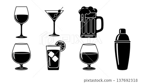Black Solid Alcoholic Drinks Silhouettes Set of Six on White Background Black Solid Alcoholic Drinks Silhouettes Set of Six on White Background 137692318