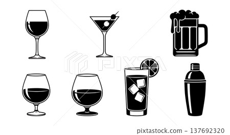 Black Solid Alcoholic Drinks Silhouettes Set of Six on White Background Black Solid Alcoholic Drinks Silhouettes Set of Six on White Background 137692320
