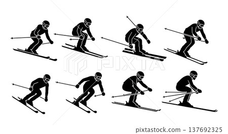 Black Solid Alpine Skiers Silhouettes Set of Six on White Background Black Solid Alpine Skiers Silhouettes Set of Six on White Background 137692325