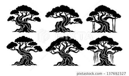Collection of Six Black Solid Ancient Gnarled Tree Silhouettes Collection of Six Black Solid Ancient Gnarled Tree Silhouettes 137692327