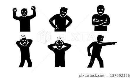 Black Solid Angry People Silhouettes Set of Six on White Background 137692336