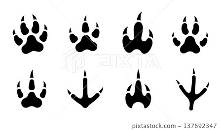 Set of Six Black Solid Animal Track Silhouettes in Nature Set of Six Black Solid Animal Track Silhouettes in Nature 137692347