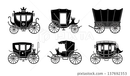 Black Solid Antique Carriages Silhouettes Set of Six on White Background Black Solid Antique Carriages Silhouettes Set of Six on White Background 137692353