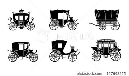 Black Solid Antique Carriages Silhouettes Set of Six on White Background 137692355