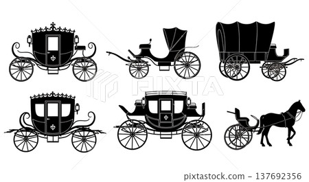 Black Solid Antique Carriages Silhouettes Set of Six on White Background 137692356
