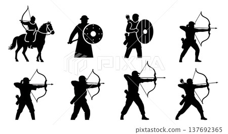 Black Solid Archery Combat Silhouettes Set of Six on White Background 137692365