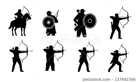 Black Solid Archery Combat Silhouettes Set of Six on White Background 137692366