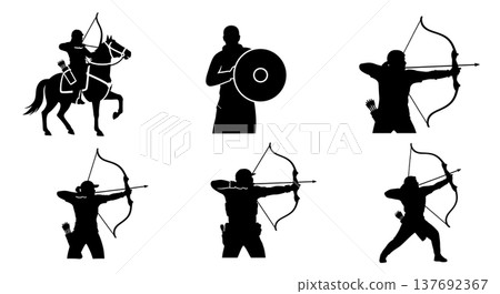 Black Solid Archery Combat Silhouettes Set of Six on White Background Black Solid Archery Combat Silhouettes Set of Six on White Background 137692367