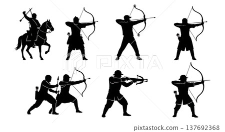 Black Solid Archery Combat Silhouettes Set of Six on White Background Black Solid Archery Combat Silhouettes Set of Six on White Background 137692368